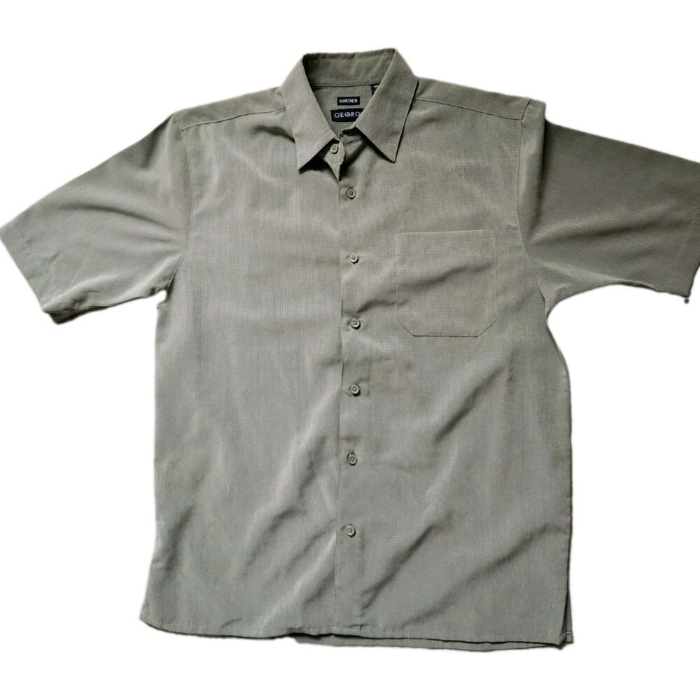 George Sueded Button Up Shirt Green Harbor Short Sleeve Pocket Mens S 34-36 EUC